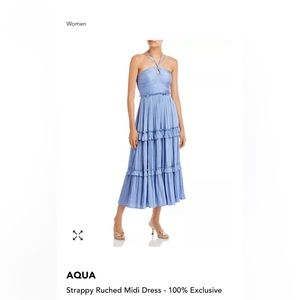 Bloomingdale’s Aqua Strappy Ruched Midi Dress in light blue. Size medium